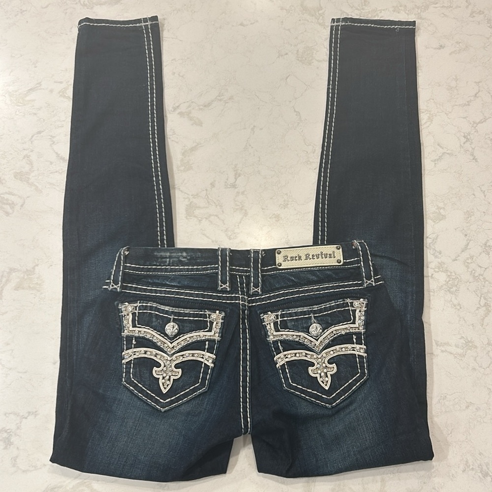 Rock Revival Karla Skinny Jean 27 Embellished Bling Low Rise Dark Wash - Picture 5 of 16